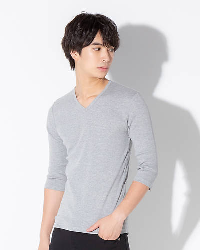 日本製テレコ七分袖VネックTシャツ（グレー）